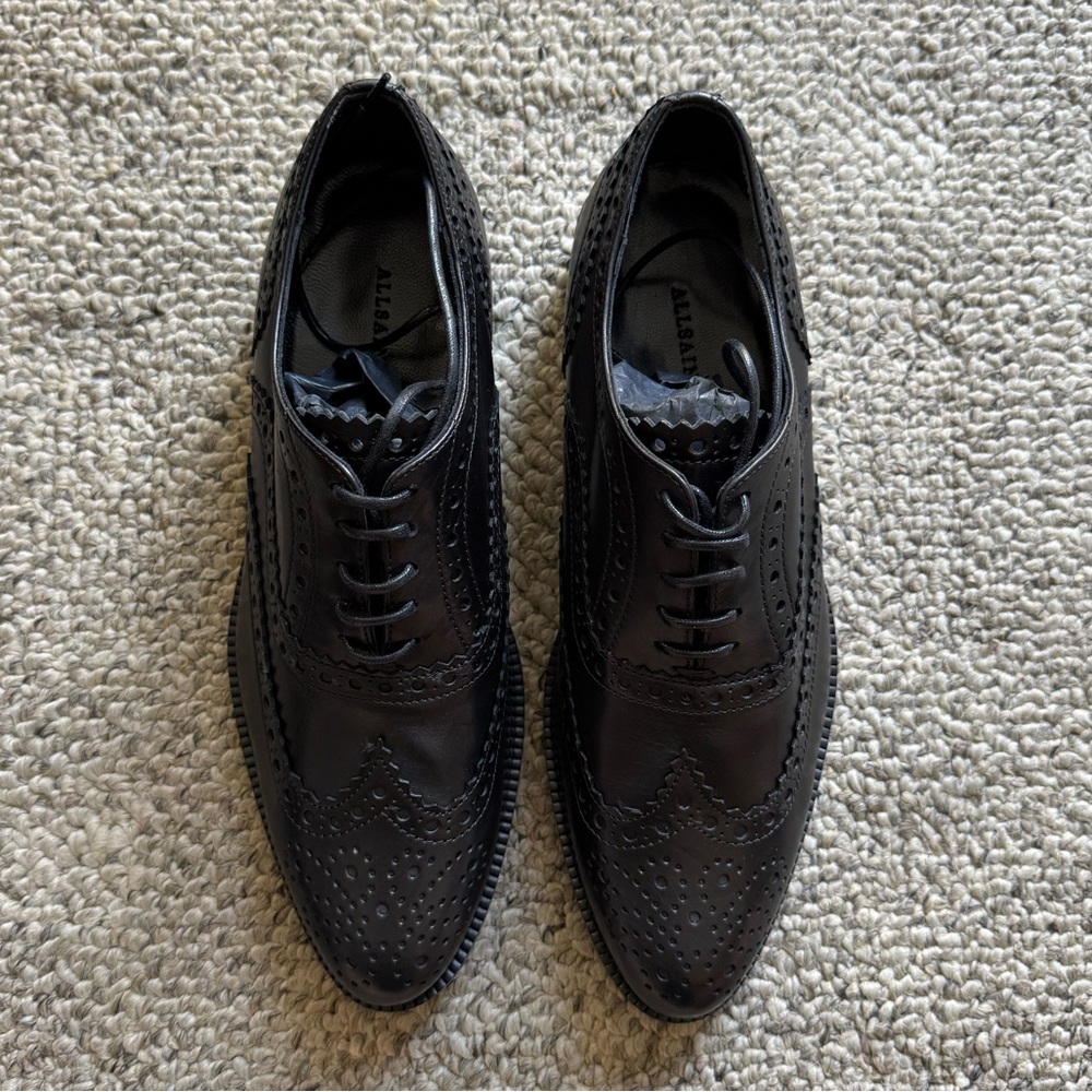 NWB AllSaints Classic Black Leather Leah Oxford Brogue Lace-up Shoe EU 37 US 6.5